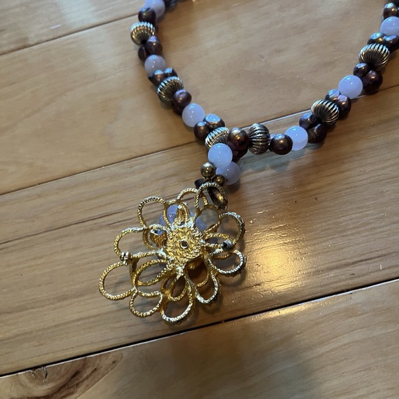 Raw Rose Quartz Necklace‎ Pendant Pink Chunky Pearl Stones Gems Deco Vintage - Picture 3 of 5